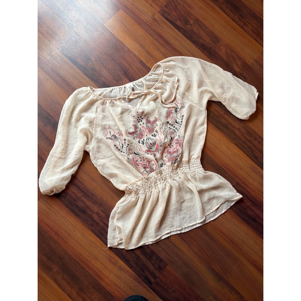 Ginger G Cream Boho Peasant Blouse Smocked Waist Paisley Print 3/4 Sleeve Medium
